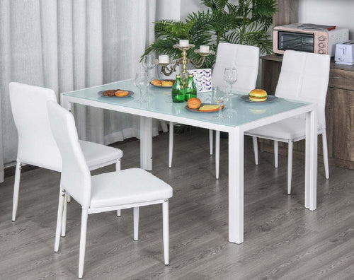 AOS66-NUOVO-SVENDITA-set-tavolo-bianco-+-4-sedie-pelle-soggiorno-salotto-cucina-acciaio-vetro-cucina