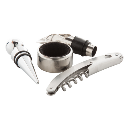 Set sommelier 4 pezzi Cavatappi con tagliacapsule, Anello anti goccia, Tappo chiudi bottiglia, Tappo versatore