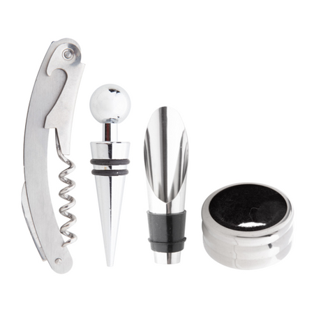 Set sommelier 4 pezzi Cavatappi con tagliacapsule, Anello anti goccia, Tappo chiudi bottiglia, Tappo versatore