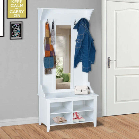Appendiabiti-Attaccapanni-da-Terra-con-Specchio-Scarpiera-4-Ganci-Legno-80x40x170cm-Bianco-HU7831-226HU7