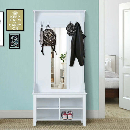 Appendiabiti-Attaccapanni-da-Terra-con-Specchio-Scarpiera-4-Ganci-Legno-80x40x170cm-Bianco-HU7831-226HU7