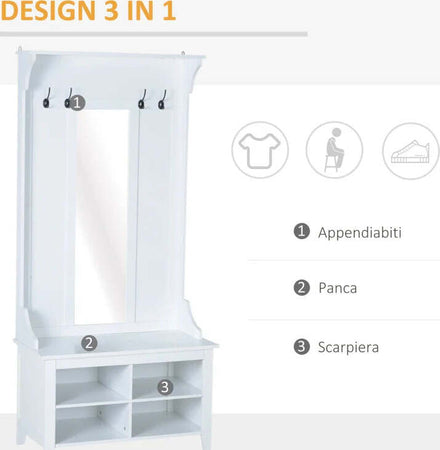 Appendiabiti-Attaccapanni-da-Terra-con-Specchio-Scarpiera-4-Ganci-Legno-80x40x170cm-Bianco-HU7831-226HU7
