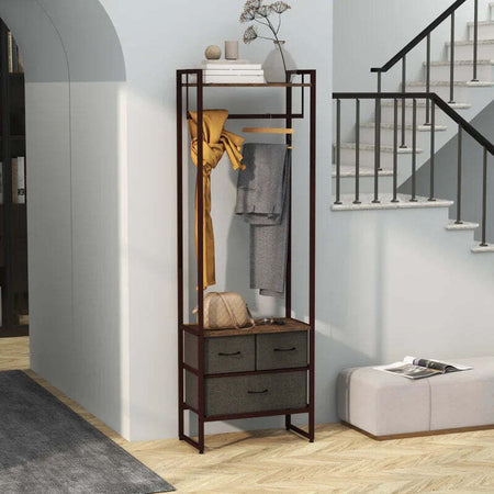 Appendiabiti-da-Terra-con-Asta,-3-Cassetti-e-Ripiani,-in-Legno-MDF-e-Acciaio,-58.5x30x178-cm,-Marrone-JH3850-296V00RBJH3