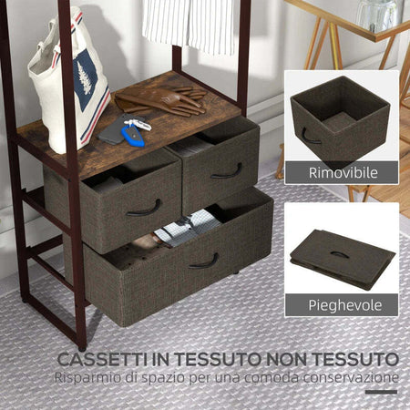 Appendiabiti-da-Terra-con-Asta,-3-Cassetti-e-Ripiani,-in-Legno-MDF-e-Acciaio,-58.5x30x178-cm,-Marrone-JH3850-296V00RBJH3