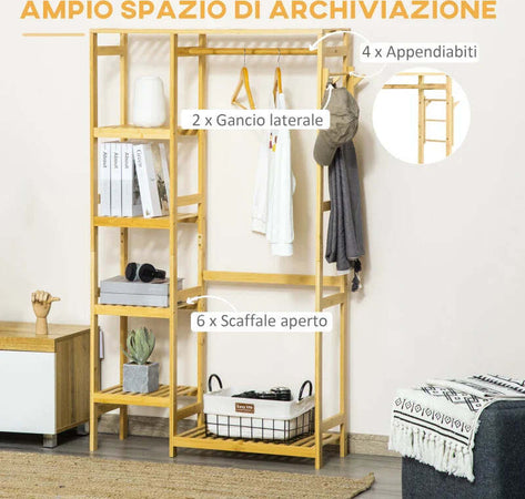 Appendiabiti-da-Terra-in-Legno-di-Bambù,-Attaccapanni-con-Mensole-Laterali-per-Ingresso-e-Camera-da-Letto,-90x30x155cm-LM9850-158LM9