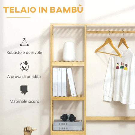 Appendiabiti-da-Terra-in-Legno-di-Bambù,-Attaccapanni-con-Mensole-Laterali-per-Ingresso-e-Camera-da-Letto,-90x30x155cm-LM9850-158LM9