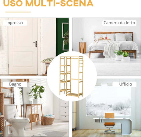 Appendiabiti-da-Terra-in-Legno-di-Bambù,-Attaccapanni-con-Mensole-Laterali-per-Ingresso-e-Camera-da-Letto,-90x30x155cm-LM9850-158LM9