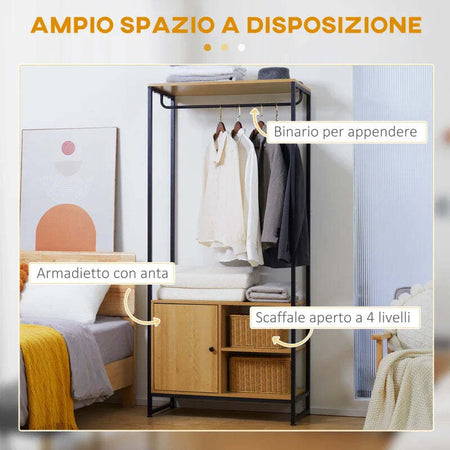 Appendiabiti-in-Acciaio-e-Legno-Stile-Industriale-con-Scarpiera-e-Ripiani,-80x40x180cm-KI6850-262V00NDKI6