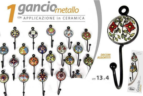 Appendino-Gancio-Parete-Appendiabiti-Metallo-Ceramica-Decori-Ass.-13x4cm-749346