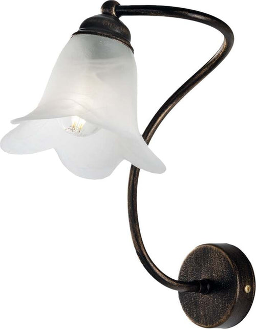 Applique-1-Luce-Alice-Ferro-Battuto-Marrone-E-Oro-Vetro-Bianco