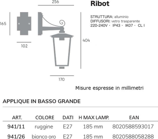 Applique-classico-Livos-RIBOT-941-E27-LED-alluminio-lampada-parete-lanterna