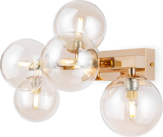 Applique-Contemporanea-Dallas-Metallo-Oro-5-Luci-Diffusori-Ambra