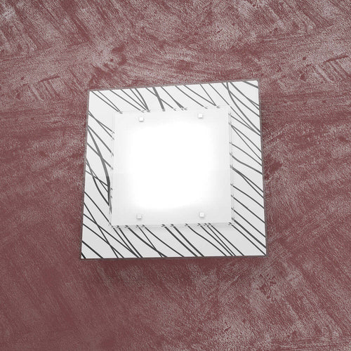 Applique-Contemporanea-Scraps-Metallo-Bianco-Vetro-Serigrafato-Nero-2-Luci-E27