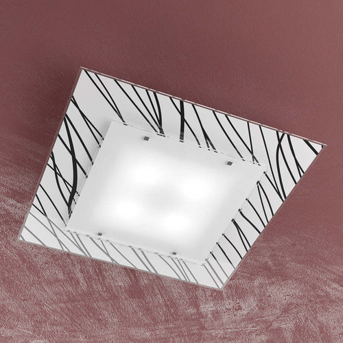 Applique-Contemporanea-Scraps-Metallo-Bianco-Vetro-Serigrafato-Nero-4-Luci-E27