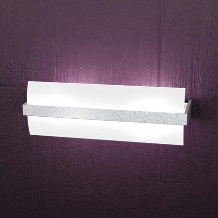 Applique-Contemporanea-Wood-Metallo-Foglia-Argento-Vetro-Bianco-2-Luci-E27-L40Cm