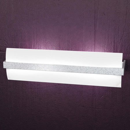Applique-Contemporanea-Wood-Metallo-Foglia-Argento-Vetro-Bianco-2-Luci-E27-L50Cm