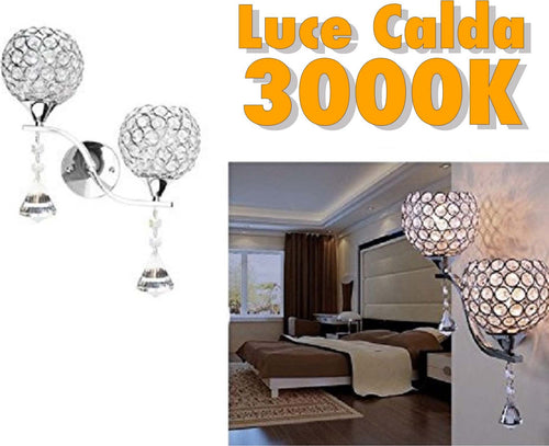 Applique Da Parete Doppia Lampada Tondo Cristalli Luce Led Caldo 3000 Lampadario Applique per interno Trade Shop italia - Napoli, Commerciovirtuoso.it