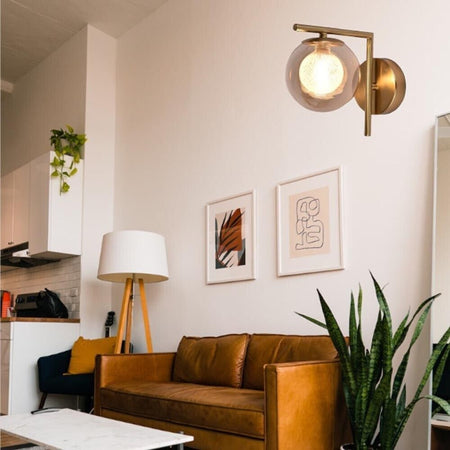 Applique Da Parete Sfera In Vetro Ambra Lampada Metallo Bronzo Attacco G9