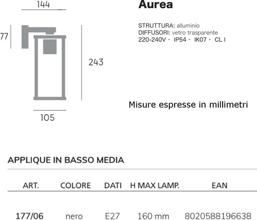 Applique-esterno-moderna-Sovil-AUREA-177-06-NERO-E27-LED-alluminio-vetro-lampada-parete