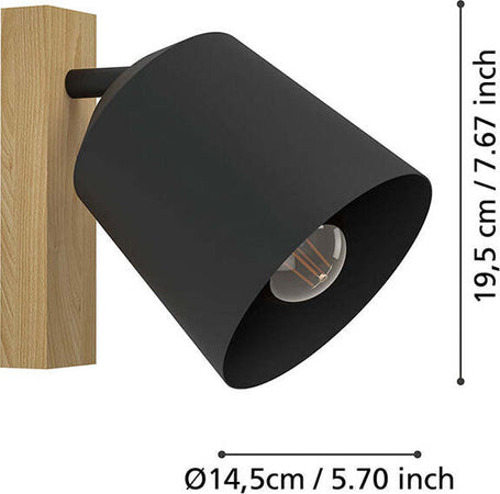 Applique-Industrial-Pappagallo-1-Luce-Legno-Marrone-E-Nero