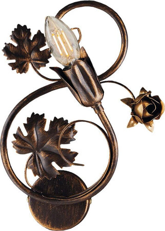 Applique-Iris-1-Luce-Arte-Povera-Con-Foglie-In-Ferro-Marrone-E-Oro