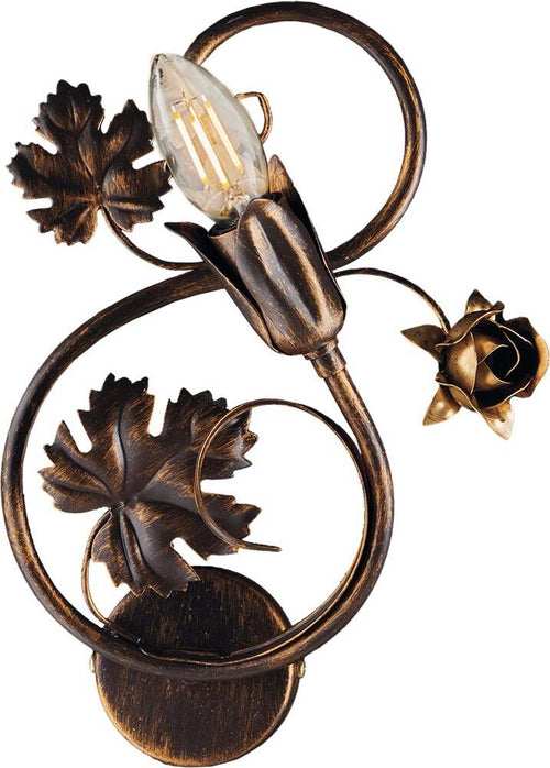 Applique-Iris-1-Luce-Arte-Povera-Con-Foglie-In-Ferro-Marrone-E-Oro