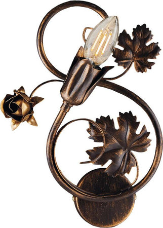Applique-Iris-1-Luce-Arte-Povera-Con-Foglie-In-Ferro-Marrone-E-Oro