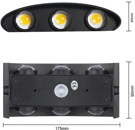 Applique Led Luce Calda 3000k Lampada 16 W 6 Cob Da Parete Esterno Interno Nero Universo