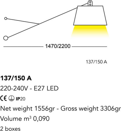 Applique-moderna-Cattaneo-illuminazione-ADJUSTABLE-137-150A-lampada-parete-paralume-braccio-telescopico-orientabile-E27-IP20