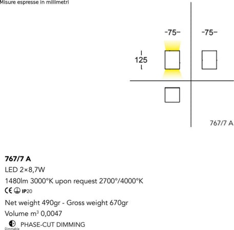 Applique-moderno-Cattaneo-illuminazione-CUBICK-767-7A-17.4W-LED-lampada-parete-biemissione-dimmerabile-12.5CM-1480LM-3000°K-IP20