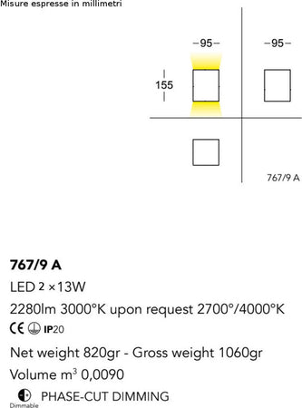 Applique-moderno-Cattaneo-illuminazione-CUBICK-767-9A-26W-LED-lampada-parete-biemissione-dimmerabile-15.5CM-2280LM-3000°K-IP20