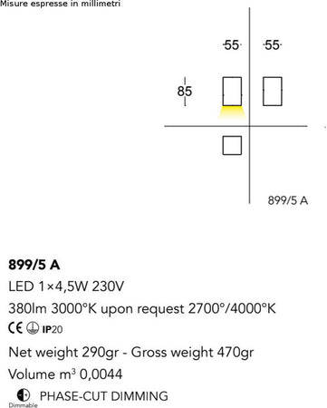 Applique-moderno-Cattaneo-illuminazione-CUBICK-899-5A-4.5W-LED-lampada-parete-monoemissione-dimmerabile-8.5CM-380LM-3000°K-IP20