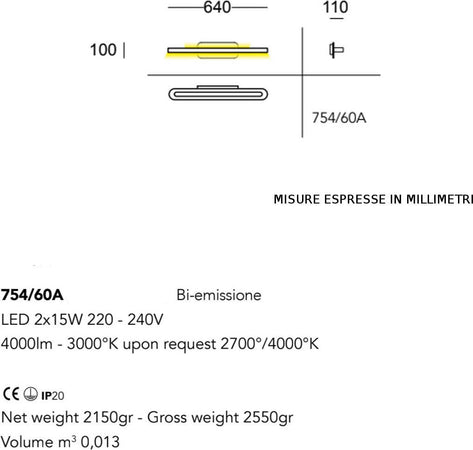 Applique-moderno-Cattaneo-illuminazione-TRATTO-754-60A-LED-lampada-parete-biemissione-specchio-quadro-4000LM-3000°K-IP20