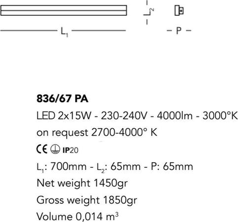 Applique-moderno-Cattaneo-SESAMO-LED-836-67PA-30W-lampada-parete-orientabile-metallo-70CM-4000LM-3000°K-IP20