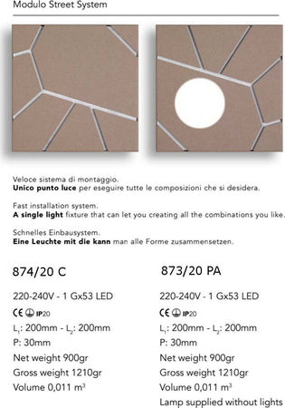 Applique-moderno-Cattaneo-STREET-SYSTEM-2-ELEMENTI-874/20C-873/20PA-LED-9W-GX53-lampada-soffitto-parete-metallo-componibile