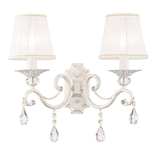 Applique-Shabby-Chic-Grace-Metallo-Bianco-2-Luci-Diffusori-Tessuto-Su-Pvc-Bianco