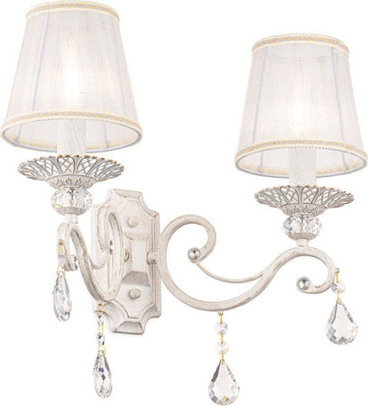 Applique-Shabby-Chic-Grace-Metallo-Bianco-2-Luci-Diffusori-Tessuto-Su-Pvc-Bianco