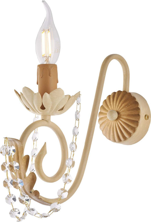 Applique-Shabby-Damasco-1-Luce-Ferro-Battuto-Avorio-E-Oro-Con-Cristalli