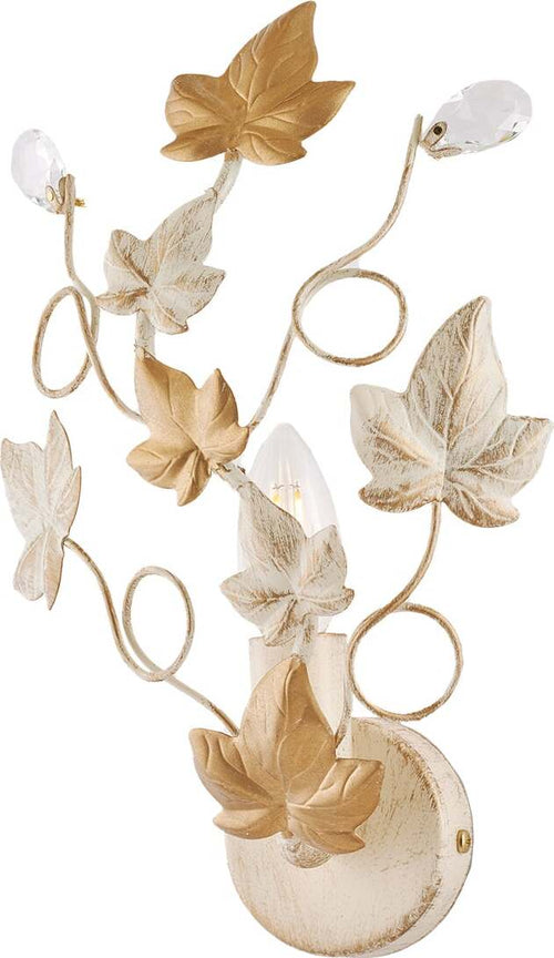 Applique-Shabby-Edera-1-Luce-Ferro-Battuto-Avorio-E-Oro-Con-Foglie-E-Cristalli