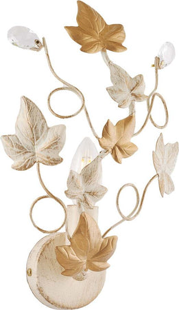 Applique-Shabby-Edera-1-Luce-Ferro-Battuto-Avorio-E-Oro-Con-Foglie-E-Cristalli
