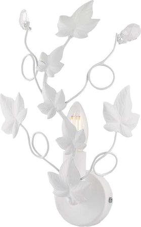 Applique-Shabby-Edera-1-Luce-Ferro-Battuto-Bianco-Con-Foglie-E-Cristalli