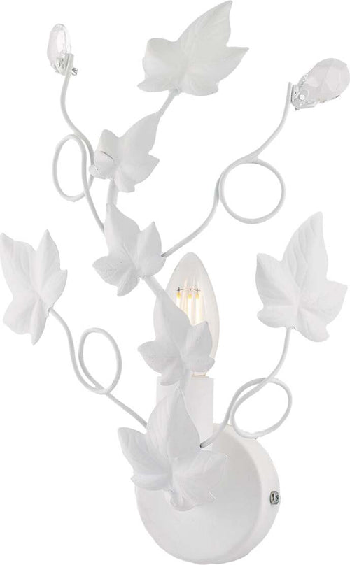 Applique-Shabby-Edera-1-Luce-Ferro-Battuto-Bianco-Con-Foglie-E-Cristalli