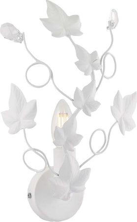 Applique-Shabby-Edera-1-Luce-Ferro-Battuto-Bianco-Con-Foglie-E-Cristalli