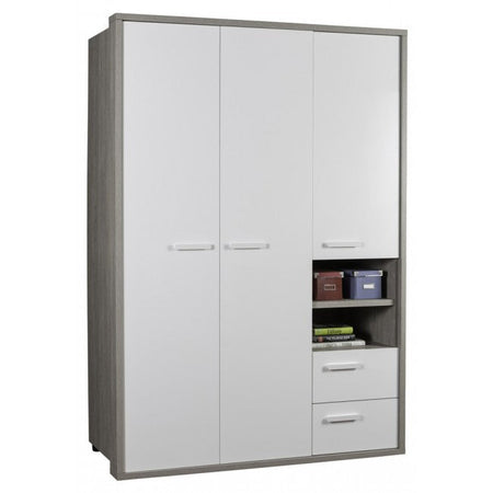 Armadio 3 ante e 2 cassetti Rovere Gessato e Bianco Lucido per stanzetta e camera da letto