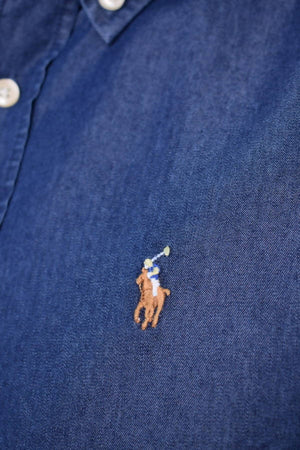 Camicia Uomo Ralph Lauren Uomo Camicia Sportiva in Jeans Denim Scuro Casual Custom Fit Vestibilità Regolare Blu Navy Coletto Button Down E Logo Ricamato