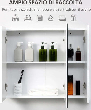 Armadietto-Bagno-con-3-Ante-Specchiate-e-Ripiani-Regolabili,-70x15x60cm,-Bianco-KJ4834-366KJ4