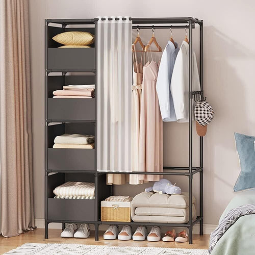Armadietto-Portaoggetti-Per-Camera-Da-Letto-170x105x45-Cm-In-Armadio-Nero-Con-4-Ripiani