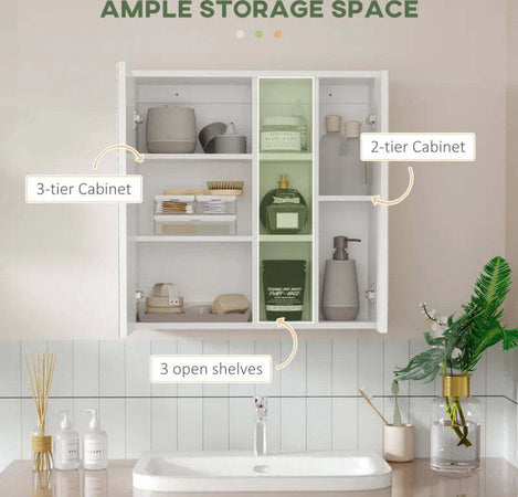 Armadietto-Specchiera-Bagno-2-Ante-con-Ripiani-Aperti-e-Mensole-Regolabili,-60x20x61cm,-Bianco-RF8834-547V00WTRF8