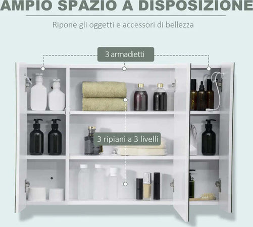 Armadietto-Specchiera-da-Bagno-con-3-Armadietti,-3-Ripiani-e-Luce-LED,-90x15x65-cm,-Bianco-UJ2834-416WTUJ2
