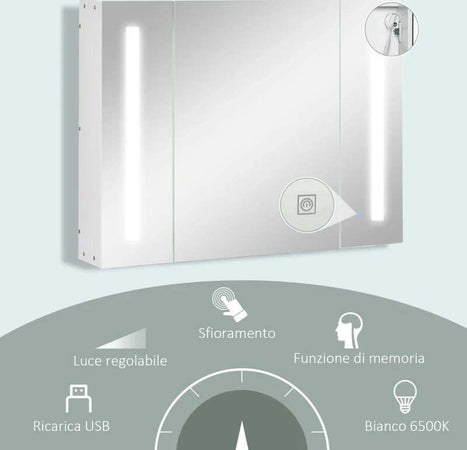 Armadietto-Specchiera-da-Bagno-con-3-Armadietti,-3-Ripiani-e-Luce-LED,-90x15x65-cm,-Bianco-UJ2834-416WTUJ2